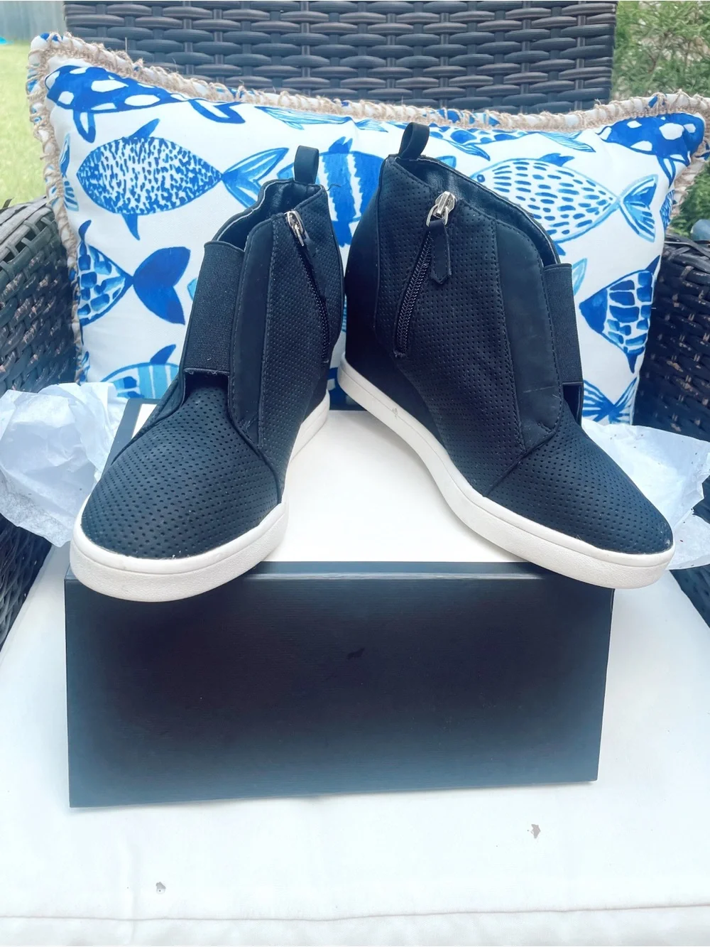 Black Perforated Wedge Sneaker with White Sole